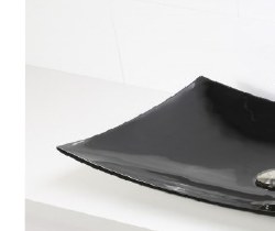 Black glass vessel basin with chrome mixer